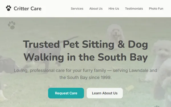 Critter Care - pet sitting business website built by Bill Bergquist