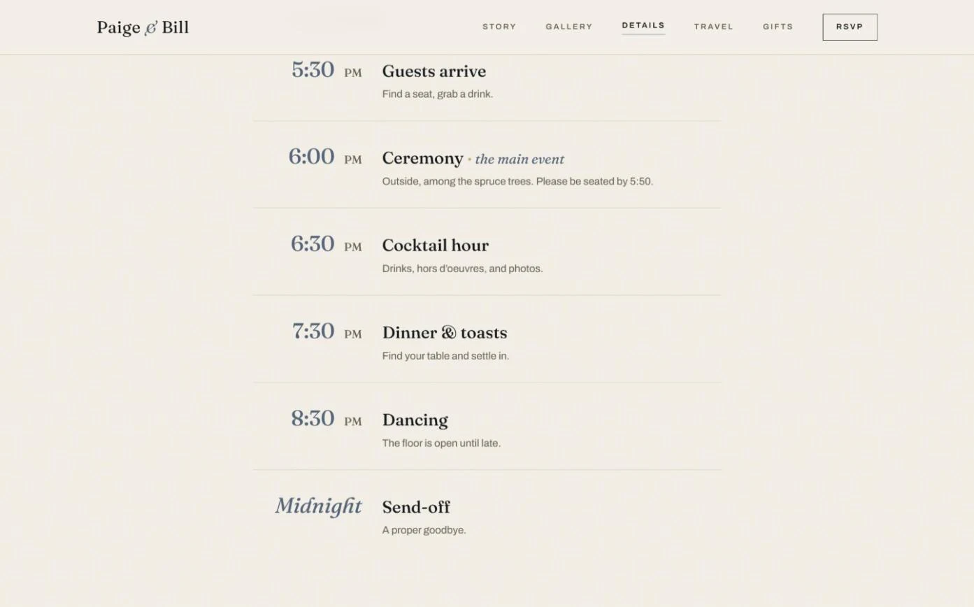 The schedule on the details page, running from guests arriving at 5:30 in the evening through a midnight send-off
