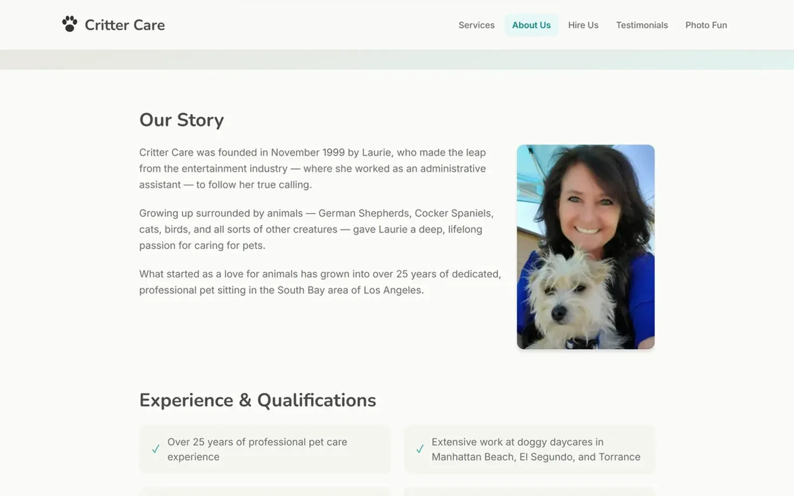 Critter Care about page before and after redesign — after