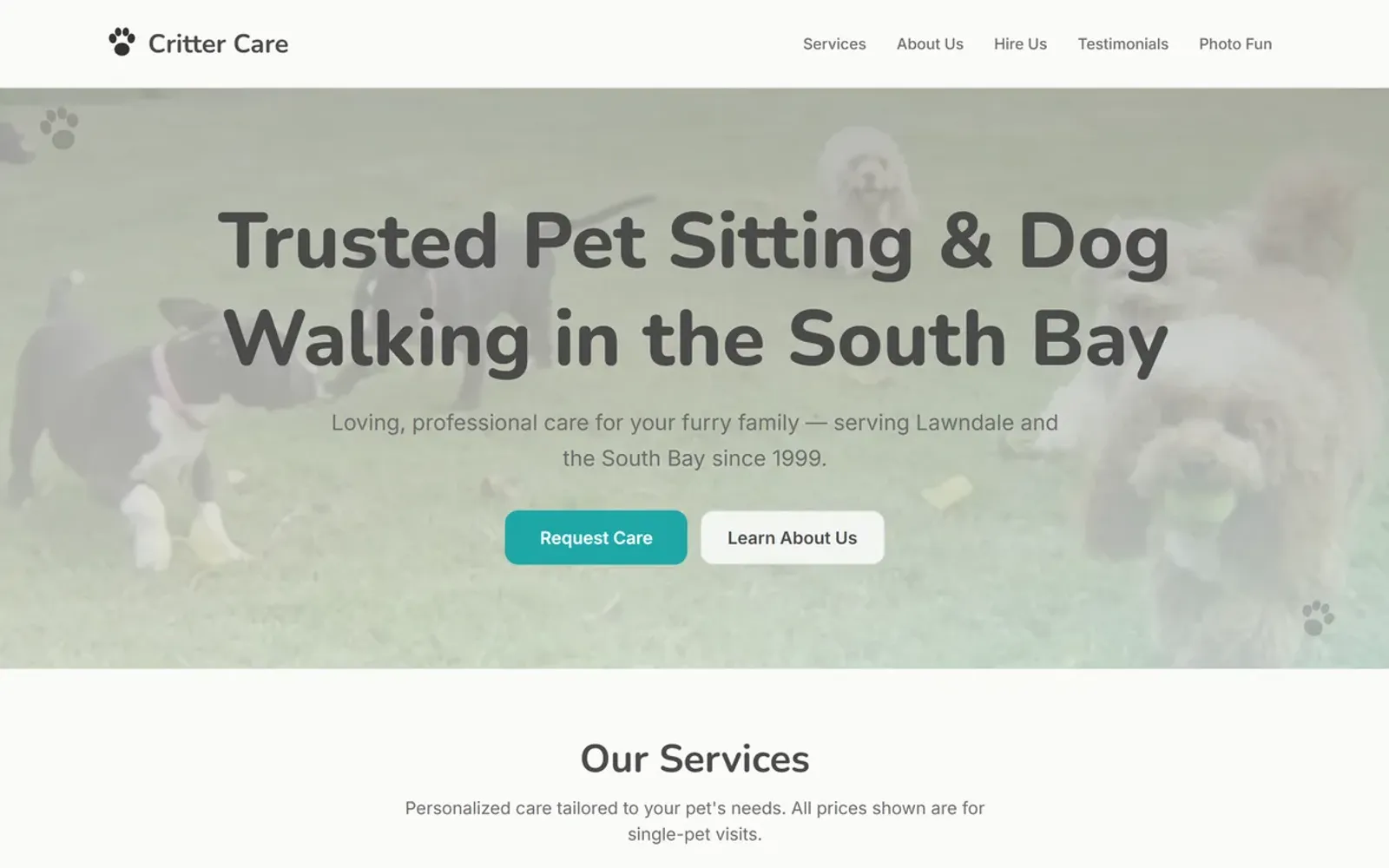 Critter Care homepage, before and after — after