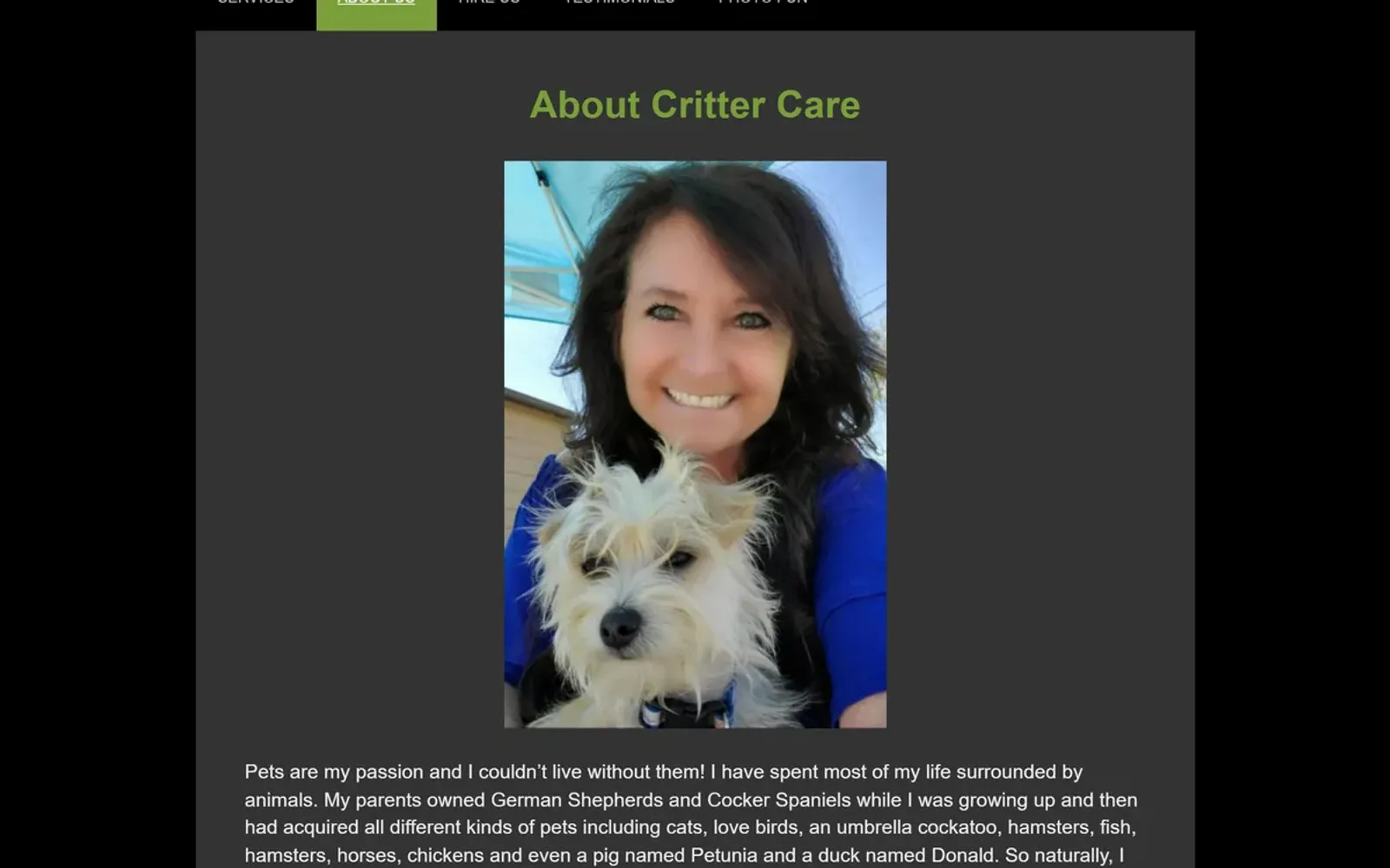 Critter Care about page before and after redesign — before