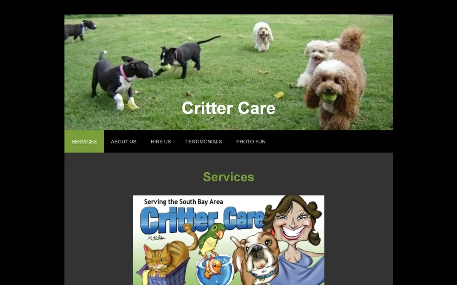 Critter Care homepage, before and after — before