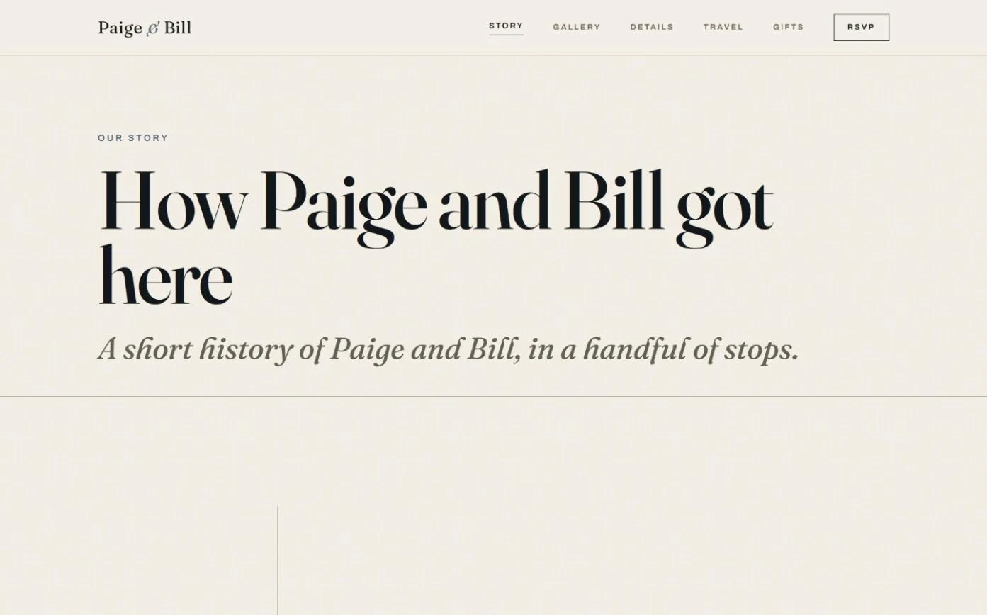 The Our Story page, with a large Fraunces headline reading How Paige and Bill got here