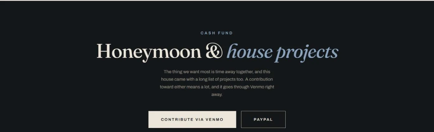 The cash fund section of the gifts page, with a Contribute via Venmo button next to a PayPal button