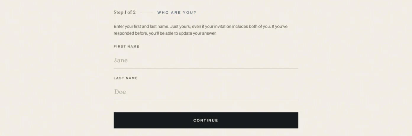 Step one of the RSVP, asking for a first and last name, with Jane and Doe shown as placeholder text