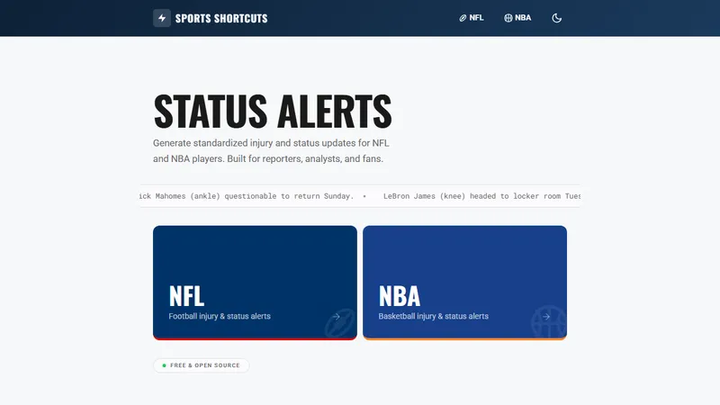 Sports Shortcuts homepage screenshot