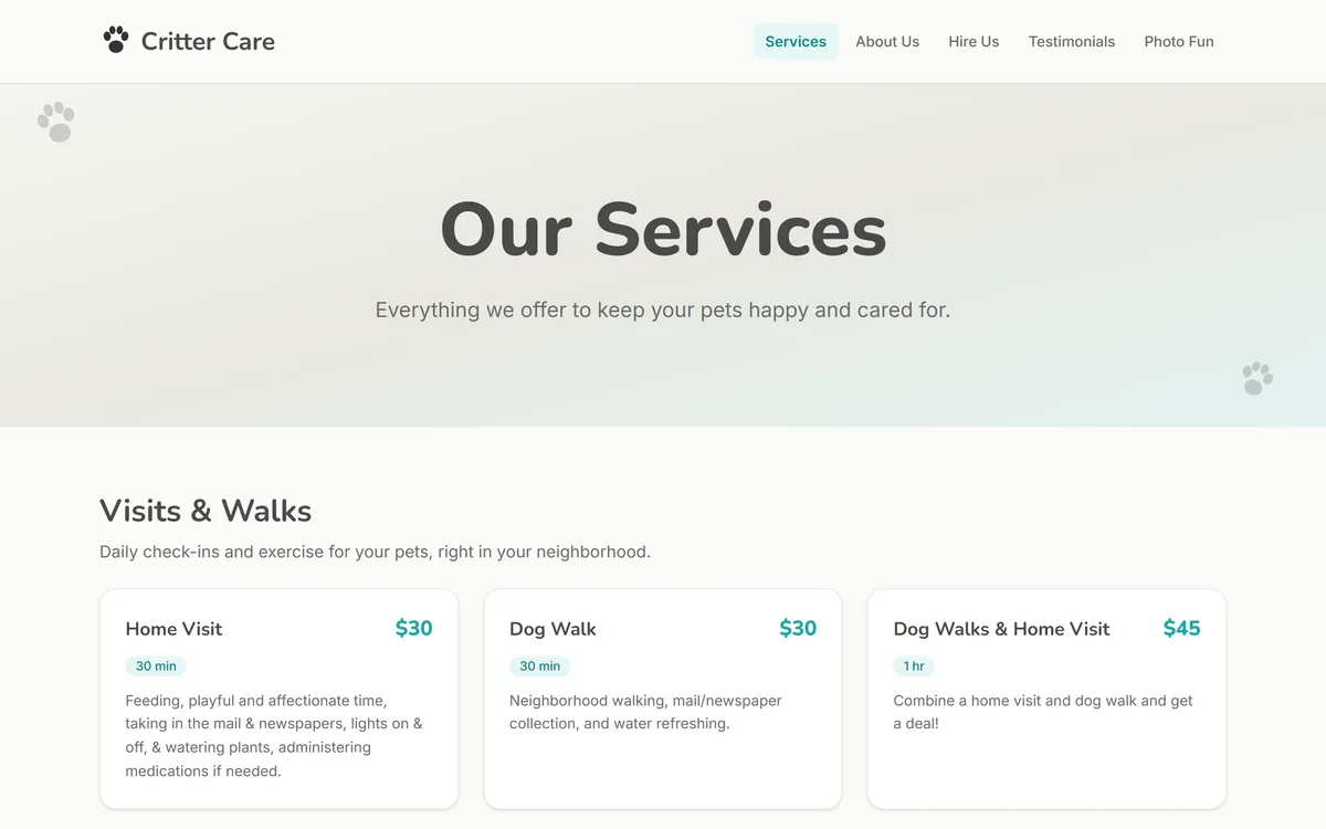 Critter Care services page with pricing cards